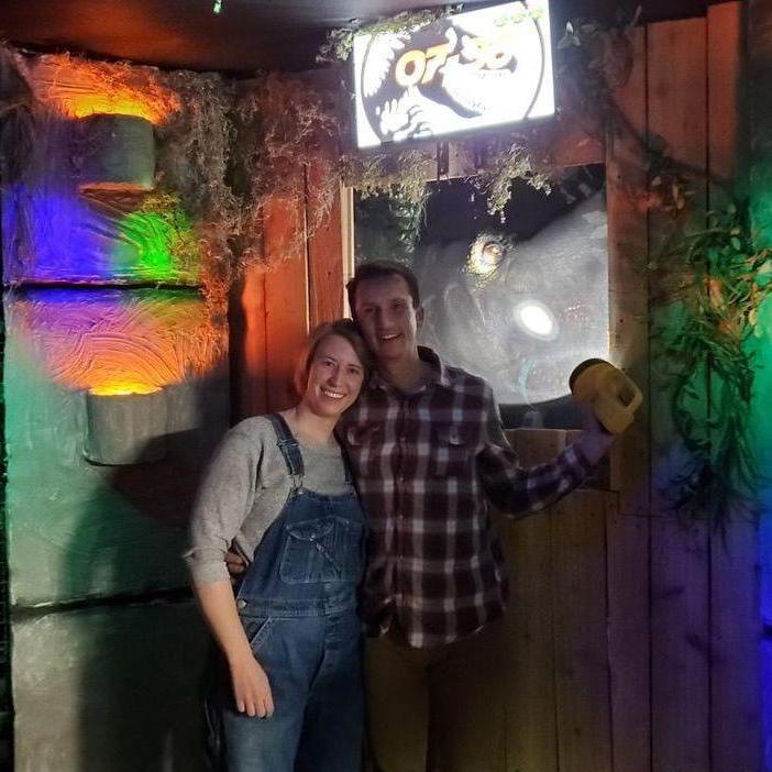 One of our first dates! We went to a Jurassic Park themed escape room. Luckily, we got out (but we didn't beat the timer).