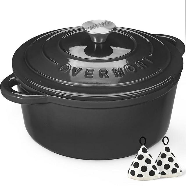 Overmont Enameled Cast Iron Dutch Oven - 5.5QT Pot with Lid Cookbook & Cotton Potholders - Heavy-Duty Cookware for Braising, Stews, Roasting, Bread Baking Graphite Gray