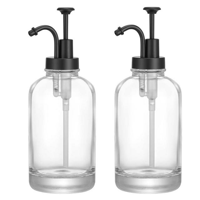 2 Pcs Thick Clear Glass Jar Soap Dispenser with Matte Black Pump, 17 oz Boston Round Bottles Dispenser with Rustproof Pump, Coffee Syrup Dispenser Bar Accessories, Dish Soap Dispenser for Kitchen