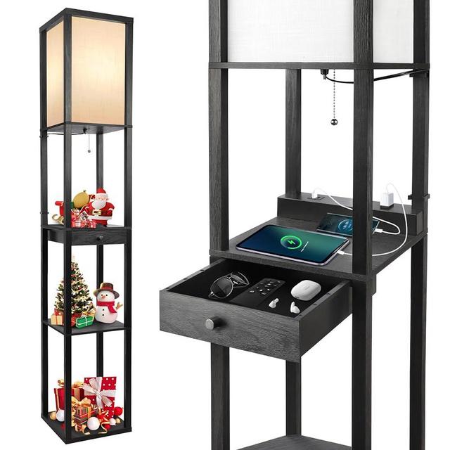 OUTON Deluxe Shelf Floor Lamp with 1 Drawer, 2 USB-C Ports, 2 AC Outlets, LED Modern Floor Lamp with 3 Color Temperature, Storage Display Wood Standing Lamp for Living Room, Bedroom, Office (Black)