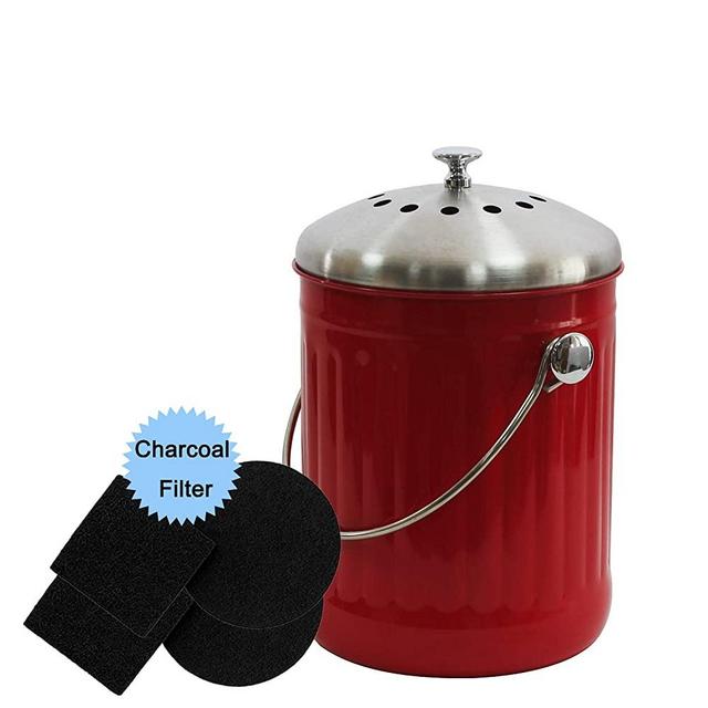 4W Countertop Compost Bins 1.3 Gallon with 4 Charcoal Filters, Kitchen Compost Bin with Stainless Steel Lid for Indoor Composting Odor Absorbing Leak Proof/Odorless Design - Red