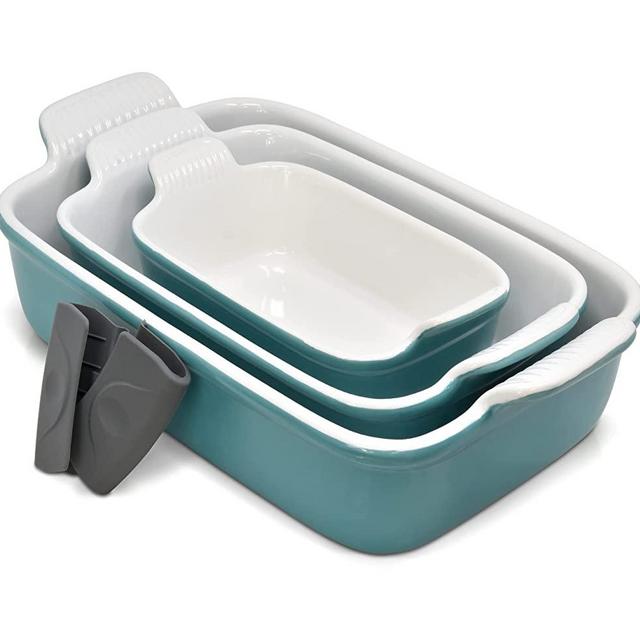 PERLLI Porcelain Bakeware Set, 3 Piece Nonstick Rectangular 9x13 Baking Pan Set PFOA PFOS PTFE Free, Turquoise Aqua Ceramic Lasagna Cookware Pans Casserole Dish, with Silicone Pot Handle Grips