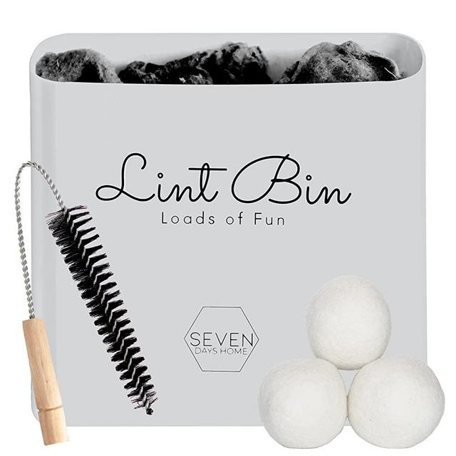 Magnetic Lint Bin for Laundry Room Decor and Accessories 3 Piece Set Bundle - Laundry Room Organization and Storage for Washer Dryer Large Lint Bins, Dryer Vent Cleaner Kit Lint Brush, Wool Balls
