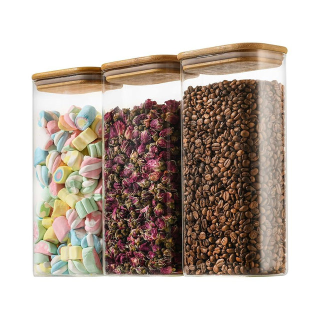 D2scrma 64oz Rectangle Airtight Glass Storage Containers with Bamboo Lids (Set of 3), Square Food Storage Jar, Pantry Organizers for Cereal, Flour, Pasta and Coffee beans (‎with Black Lable)