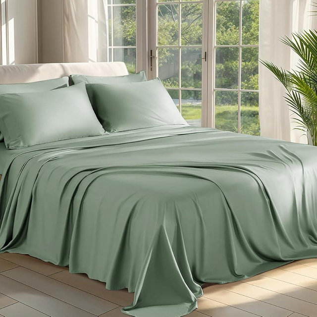 Shilucheng 100% Viscose Derived from Bamboo_ Sheets Queen Size 6pcs - Ultra Cooling & Silky Soft Bed Sheets, 16" Deep Pocket, Perfect for Hot Sleepers, Hotel Bedding Sheets (Sea Glass)