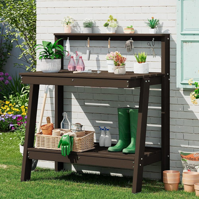 SERWALL Potting Bench Outdoor with Storage, 3-Tier HDPE Gardening Table with Angled Legs & Tool Hooks, All-Weather Heavy Duty Potting Table for Patio, Backyard, Garden,Coffee