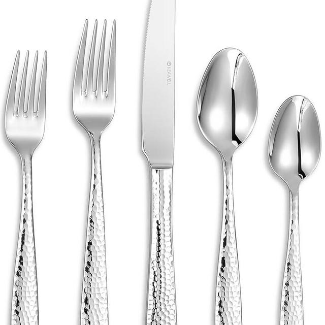 KEAWELL Premium 20/45/65 Piece Louis Hammered Silverware Set with Squared Edge, 18/10 Stainless Steel, Service for 4/8/12, Fine Flatware Set, Dishwasher Safe (45)