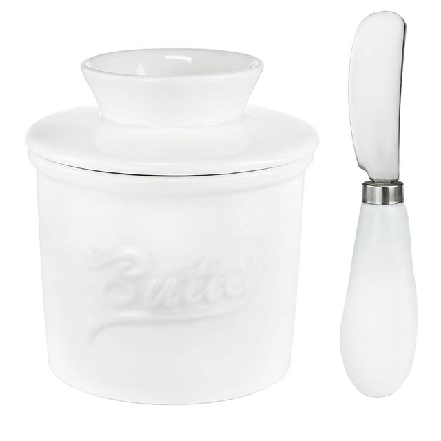 Ceramic Butter Crock with Lid & Spreader Knife, Butter Keeper - Ideal Butter Storage & Countertop Butter Dish, White