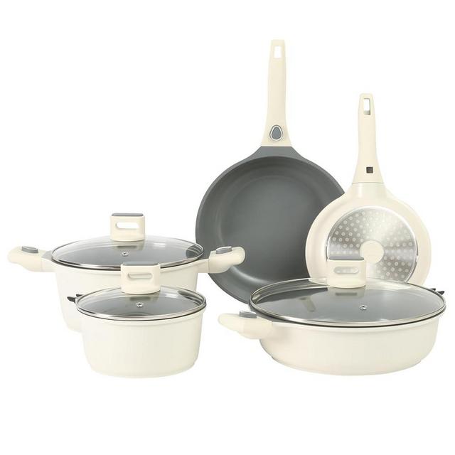 Sur La Table Kitchen Essentials 13 Piece Detachable Handle Pots and Pans Premium PFA Free Premium Ceramic Non Stick Induction Safe and Secure Removable Handle Cookware Set - Eggshell White