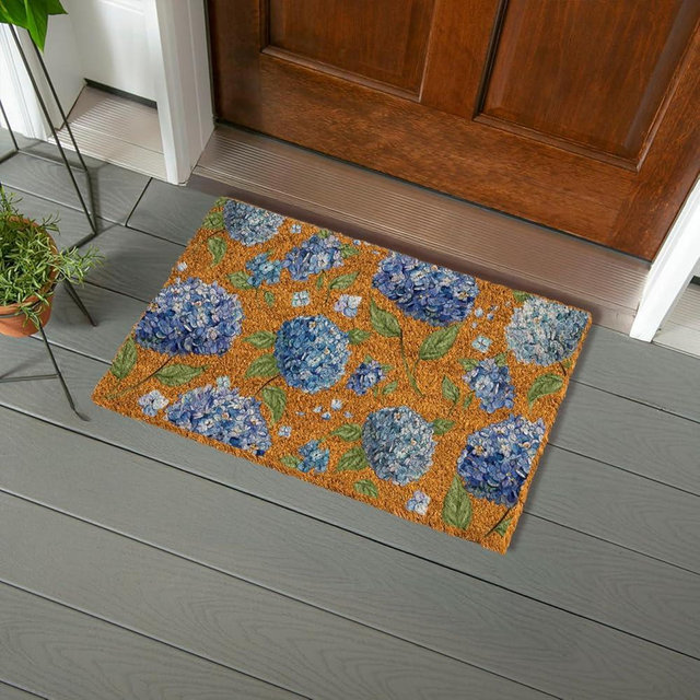 Evergreen Hydrangea Haven Coir Doormat, 28"x16" Welcome Mats for Outdoor & Indoor Entrance, Mud Catcher Entryway Rug, Non-Slip Backing Coir Front Door Mat for Outside Porch Patio