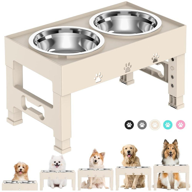 LAKIPETN Elevated Dog Bowls 5 Height Adjustable Non-Slip Stand Adjusts to 3.1", 9", 10", 11", & 12" with 2 Stainless Steel Raised Dog Food Bowl for Small Medium Large Dogs and Pets (Almond)