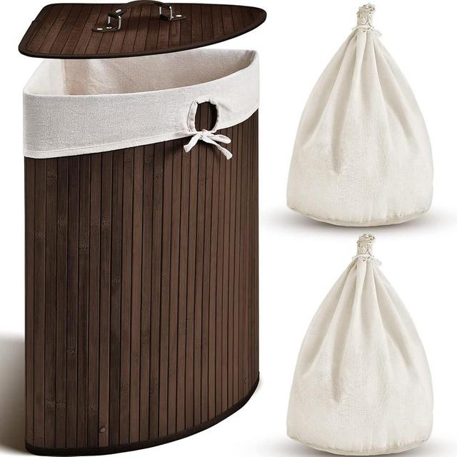 Gueevin Corner Bamboo Laundry Hamper with Lid and Removable Liner Corner Bamboo Laundry Basket with Handle Washing Clothes Basket Storage Bin for Bedroom Bathroom(Brown)