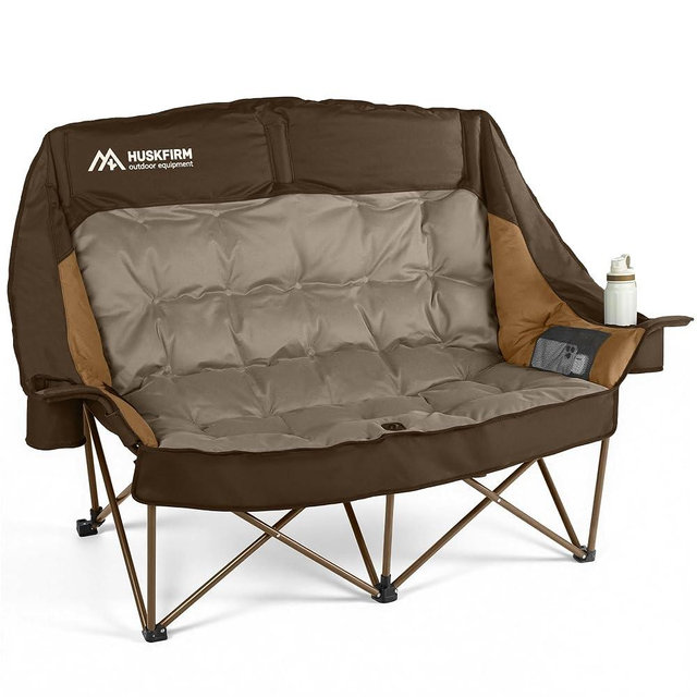 Huskfirm High Back Double Camping Chair 2 Person Camping Chair Low Seat Loveseat Camping Chair Fully Padded Oversized Camping Couch for Adults - Supports 650 LBS with Cup Holders Carry Bag - Brown