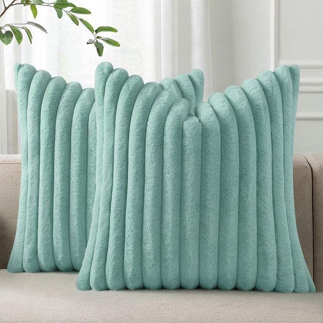 Pallene Faux Fur Plush Throw Pillow Covers 16x16 Set of 2, Luxury Soft Fluffy Striped Decorative Pillow Covers for Sofa, Couch, Living Room, Aqua