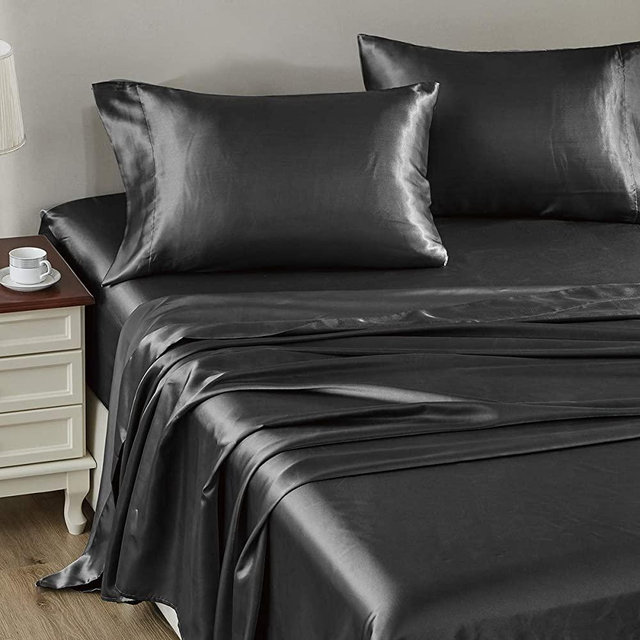 CozyLux Satin Sheets King Size 4-Pieces Silky Sheets Microfiber Dark Grey Bed Sheet Set with 1 Deep Pocket Fitted Sheet, 1 Flat Sheet and 2 Pillowcases Smooth and Soft