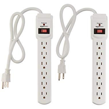 AmazonBasics 6-Outlet Surge Protector Power Strip 2-Pack, 2-Foot Long Cord, 200 Joule - White