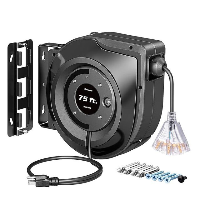 DEWENWILS 75FT Extension Cord Reel, 14/3C SJTOW Retractable Extension Cord Reel, Lighted Triple Outlets, 10A Circuit Breaker, Heavy Duty Power Cord, UL Listed, Ceiling/Wall Mount