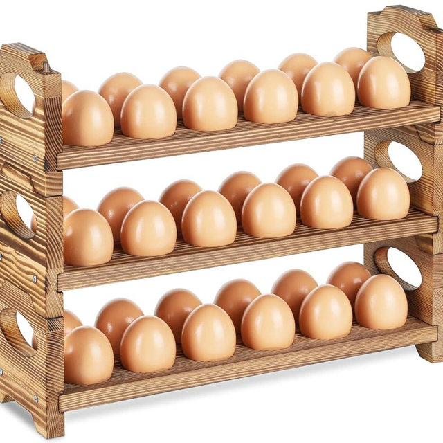 AOOHOOA Wooden Egg Holder & Storage-3Tier /36-Hole Stackable Holds Fresh Eggs, Farmhouse Eggs Rack Wood, Rustic Countertop Chicken Egg Organizer Wood with Distressed Finish for Home Kitchen Decoration