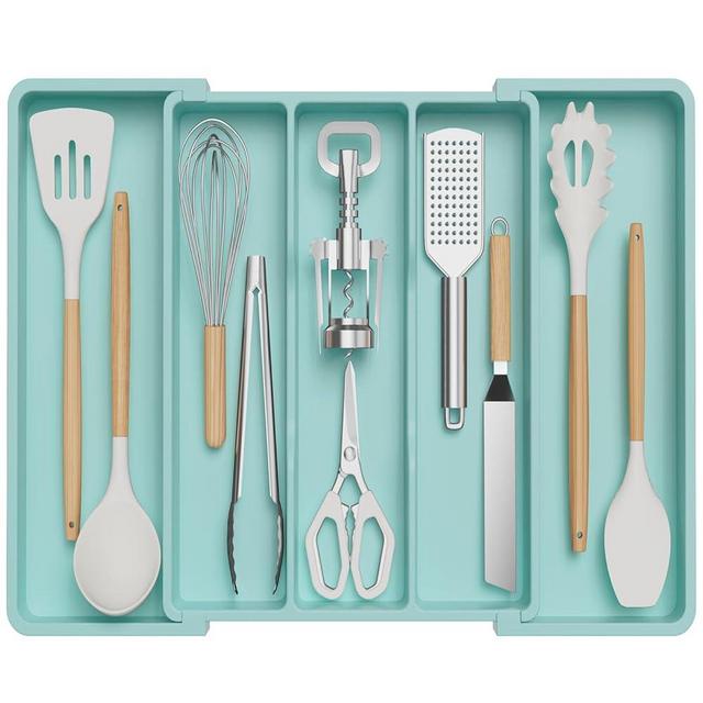 Lifewit Utensil Organizer for Kitchen Drawers, Expandable Cooking Utensil Tray, Adjustable Cutlery Silverware Flatware Holder, Plastic Spatula Tools and Gadgets Storage Divider, Large, Turquoise