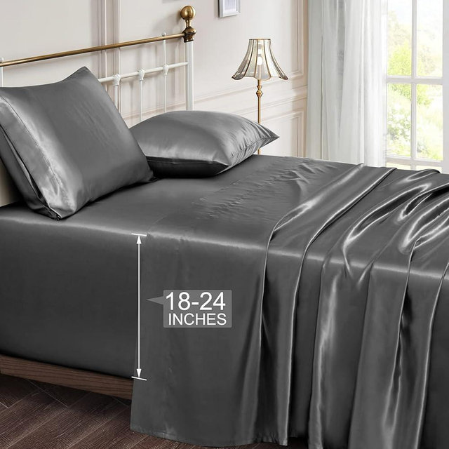 Vonty Satin Sheets Extra Deep Pocket California King Sheet Set - Cooling & Silky Satin Cal King Sheet with 18-24 Inch Deep Pocket, Grey Satin Bed Sheets Fit Up to 24" Deep Matress - 4 Piece