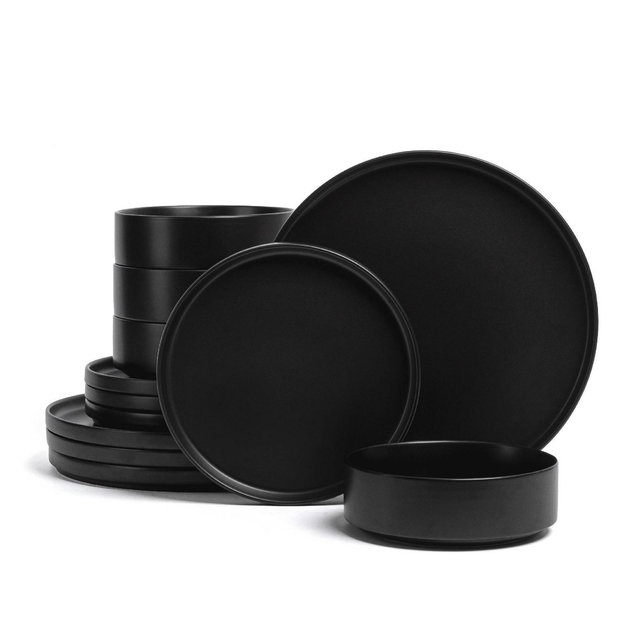 over&back 12pc Stackable Hand-Finished Stoneware Dinnerware Set Semi-Matte Black: Microwave & Dishwasher Safe, Service for 4