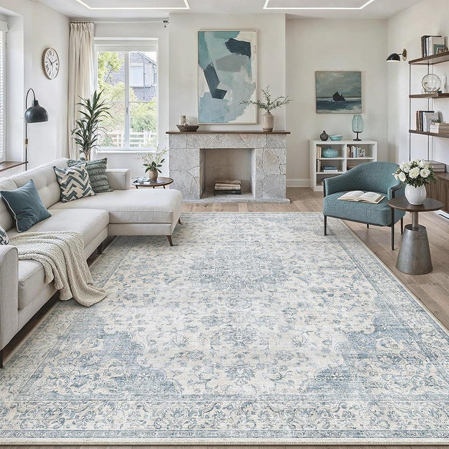 PureCozy 8x10 Area Rug Washable Neutral Blue Vintage Living Room Bedroom Carpet Non Slip Low Pile Soft Floral Indoor Large Throw Rug for Dining Room Office