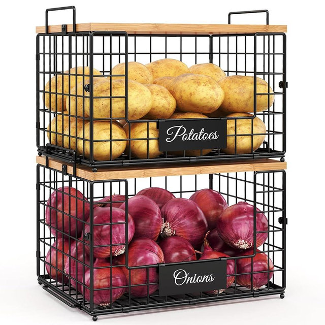 keomaisyto Pantry Organizers and Storage, 2 Set XXL Stackable Wire Baskets with Wooden Tops & Tags, Kitchen Counter Organizers Bins for Potato, Onion, Produce, Fruit, Vegetable