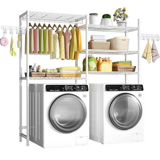 Ulif U6 Clothes Drying Rack, 5-Tier Over Washer and Dryer Laundry Room Storage and Organizer, Heavy-Duty Space Saver, 65.3" W x 13.4" D x 77.5" H, White