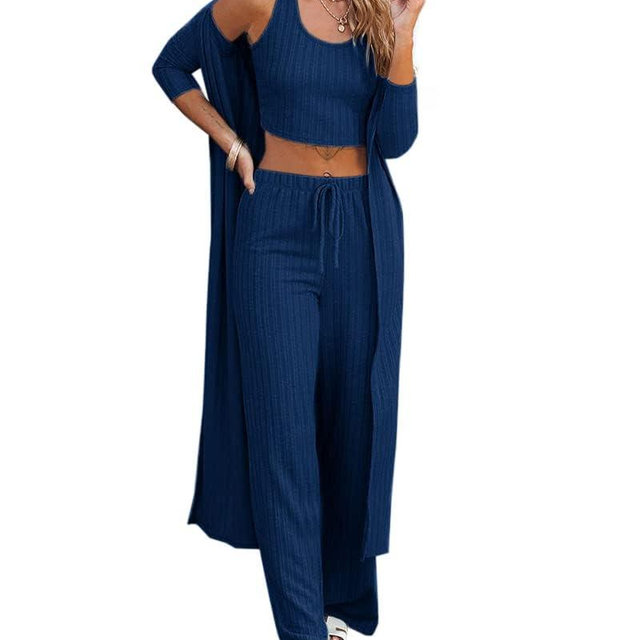 Fessceruna Womens 3 Piece Lounge Sets Pajamas Knit Long Sleeve Cardigan Crop Top Wide Leg Pants Loungewear Set