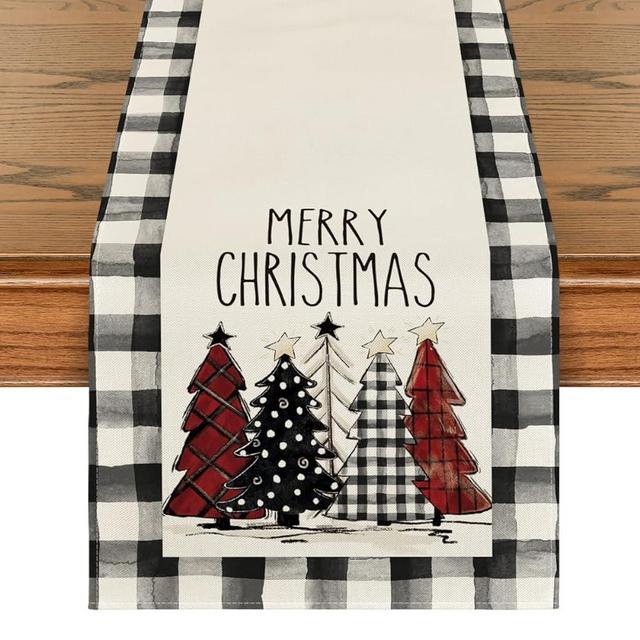Artoid Mode Waterclor Buffalo Plaid Christmas Trees Merry Xmas Table Runner, Seasonal Winter Holiday Kitchen Dining Table Decoration for Indoor Outdoor Home Party Decor 13 x 60 Inch