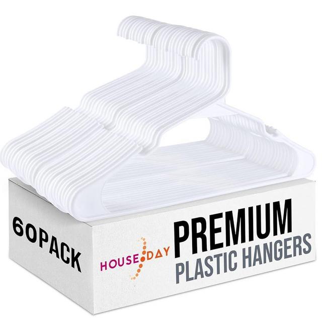 HOUSE DAY White Plastic Hangers 60 Pack, Plastic Clothes Hangers Space Saving, Sturdy Clothing Notched Hangers, Heavy Duty Coat Hangers for Closet, Laundry Hangers for Adult Coat, Suit, Shirt, Dress