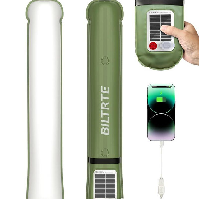 24" Foldable Inflatable Solar Camping Lantern, Magnetic LED Light Tube, USB-C Rechargeable & 2000mAh Power Bank, IP66 TPU Tent Light for Hiking & Hurricane(Green)