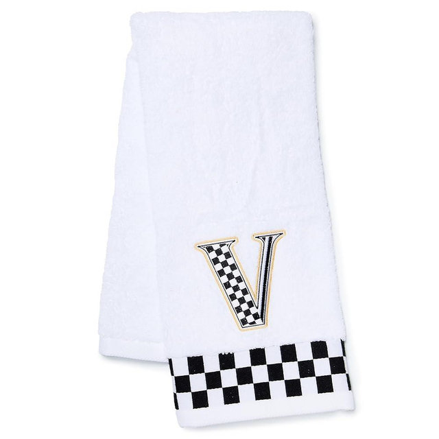 MACKENZIE-CHILDS Monogram Cotton Hand Towel, Cute Black-and-White Decorative Monogrammed Hand Towel for Bathroom or Kitchen, V