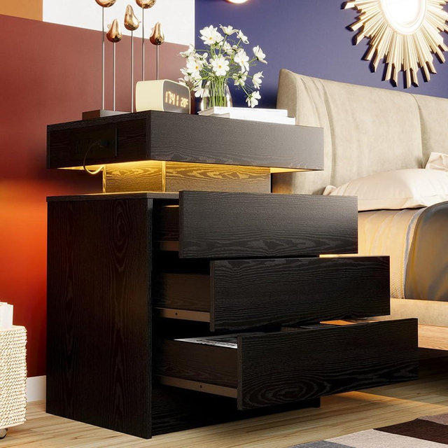 LIKIMIO Night Stand with Charging Station, Modern Black Nightstand with LED Light and 3 Drawers, Bedside Tables/End Table for Bedroom