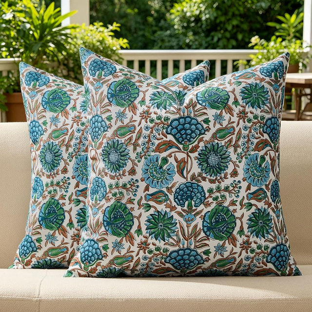 Allorry Outdoor Pillow Covers 18x18 Set of 2 Vintage Blue Floral Block Print Pillow Cover Neutral Modern Farmhouse Boho Decorative for Spring Summer Outdoor Sofa Bedroom Living Room DecorJB013-A18