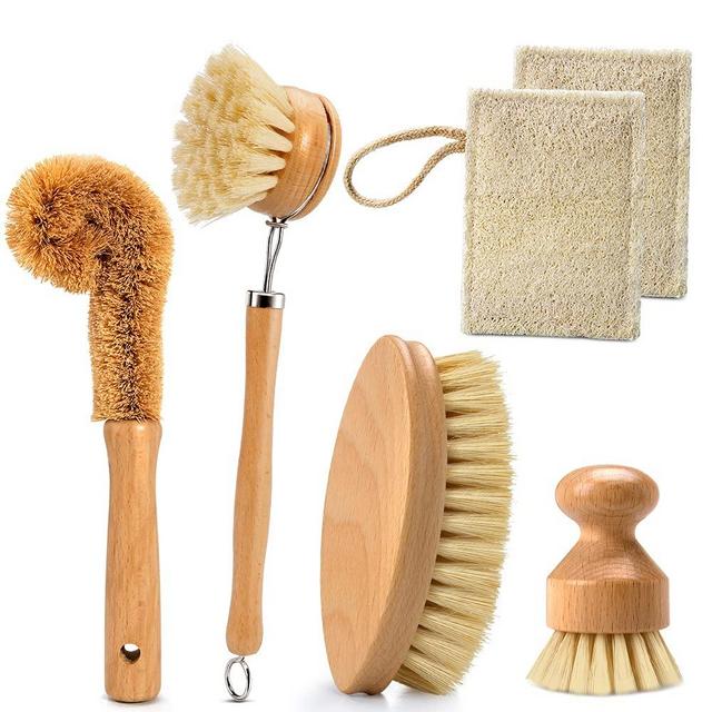 Natural Kitchen Cleaning Brush Set,6-Piece Wooden Brush with Loofah Cleaning Cloths Set for Dish Bottle Cookwares Scrub,Sisal and Coconut Fibers with Wooden Handles for Home Dishes Cleaning
