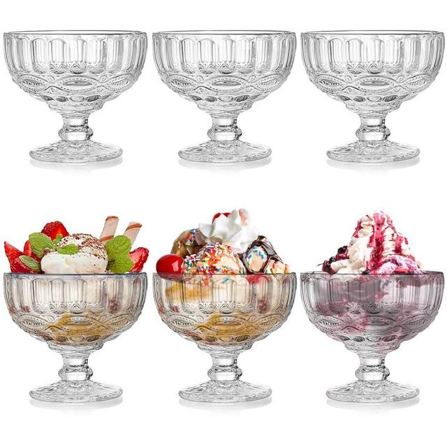 Youeon 6 Pcs Glass Ice Cream Bowls, 12 Oz Large Glass Dessert Bowls, Vintage Footed Sundae Cups Ice Cream Cups for Dessert, Sundae, Trifle, Fruit, Salad, Snack, Cocktail