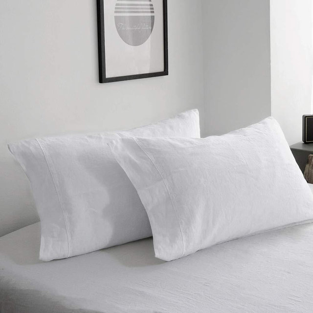Simple&Opulence 100% Belgian Linen Pillowcase Embroidered-Set of 2, Queen(Standard) Size(20''x30''), Stone Washed Solid Color-Soft and Durable, White