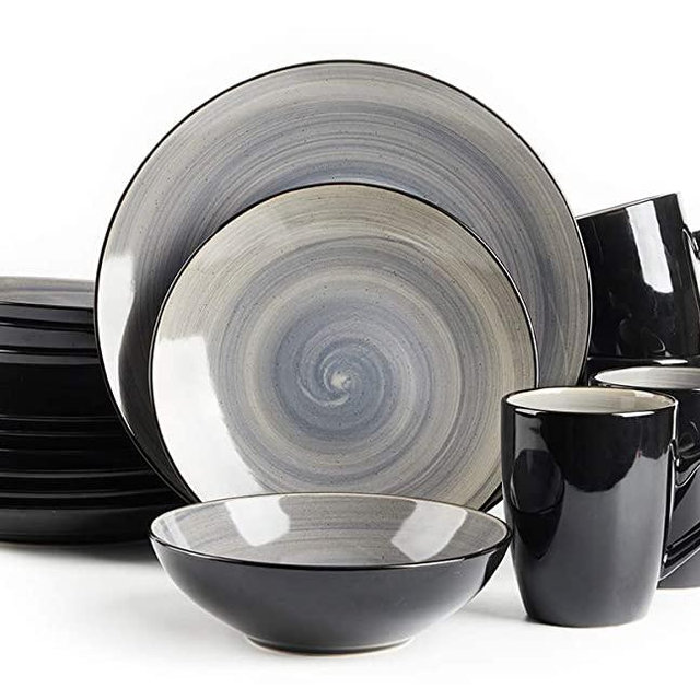 HomeVss Sonoma 16 Piece Stoneware Dinner Set, Outside Black + Inside Handpainted Color Grey with speckle