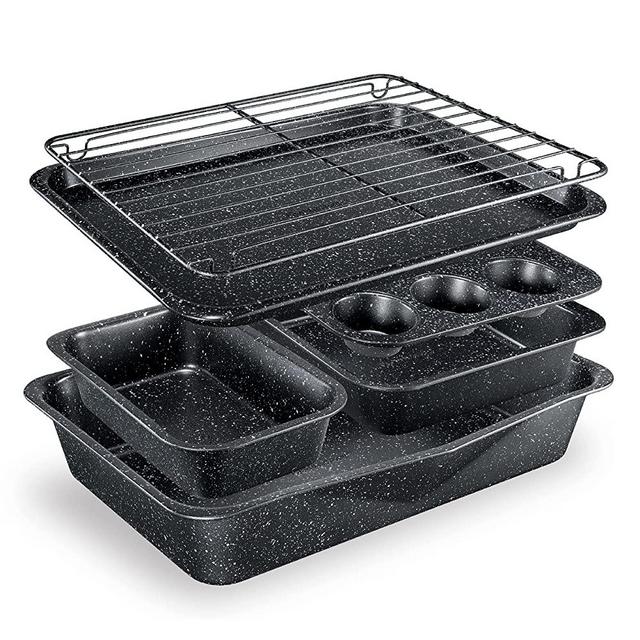 Granitestone 6 Piece Baking Pan Set, 0.8MM Gauge, Durable Nonstick Surface, Oven Safe 550°F with No Warping, Dishwasher Safe, Cookie Tray, Roaster, Muffin Pan, Square Pan, Loaf Pan and Rack