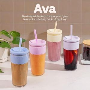 Ello Ava 18oz Glass Tumbler with Straw and Lid | Premium Ribbed Glass with Silicone Grip, Car Cup Friendly, Dishwasher Safe, BPA Free | Iced Coffee, Water, Matcha, Juice Cup | Sugarplum