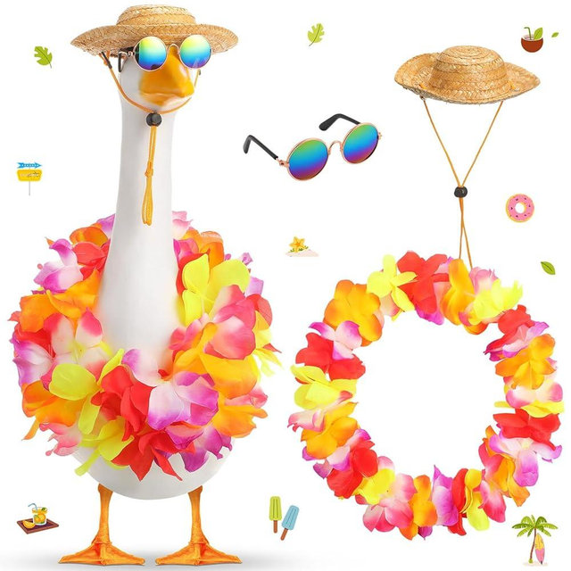 Shyyween Summer Porch Goose Outfits for Plastic Goose 23/17'' Lawn Patio Statue Clothes Straw Hat and Hawaiian Lei Costume(Tropical Red)