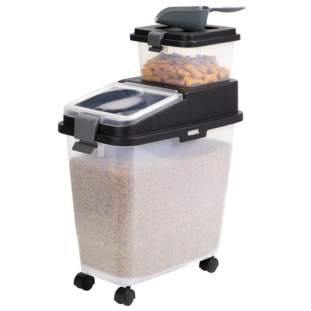 Mighty Tuff 3 Piece Airtight Dog Food Storage Container, Up to 36 lbs, with 5 lbs Dog Treat Container and Portion Scoop – BPA Free Airtight Pet Food Bin on Wheels