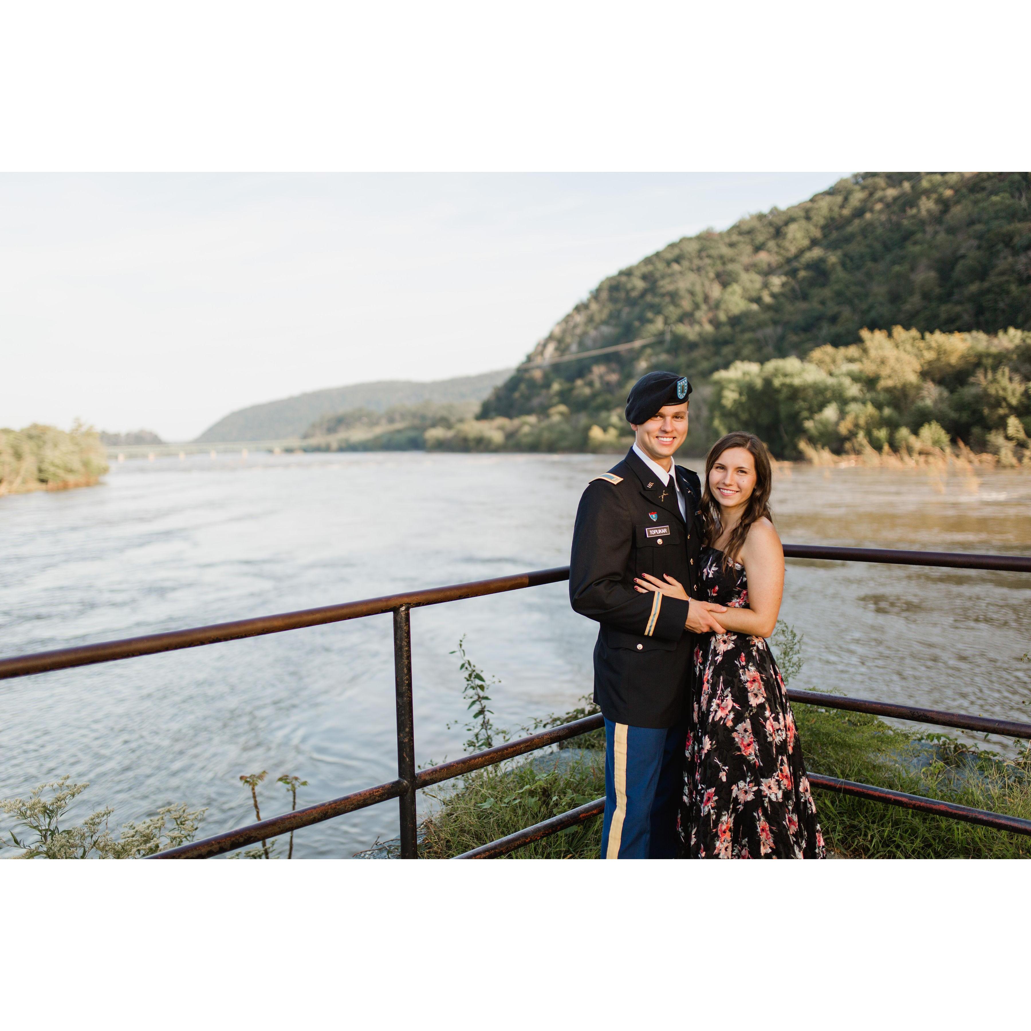 Taking engagement pictures at Harpers Ferry. Behind us you can see the spot where we talked about the possibility of dating for the first time (on some rocks that are now under water)