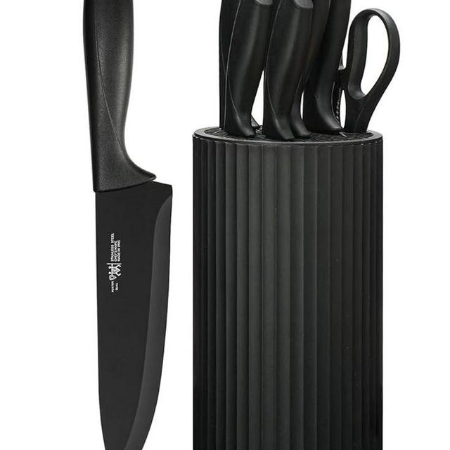 HUNTER.DUAL Knife Set, 8-Piece Kitchen Knife Set for Chef, Sharp Knife Set with Universal Knife Block, Anti-Rust Kitchen Knife Block Set, Ergonomical Design (Black)