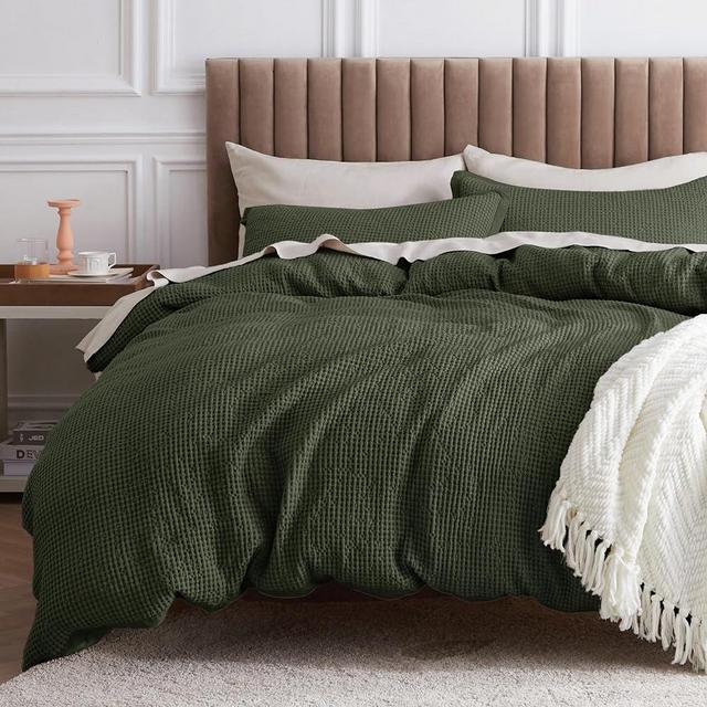 Bedsure Cotton Duvet Cover Queen - 100% Cotton Waffle Weave Olive Green Duvet Cover Queen Size, Soft and Breathable Duvet Cover Set for All Season (Queen, 90"x90")