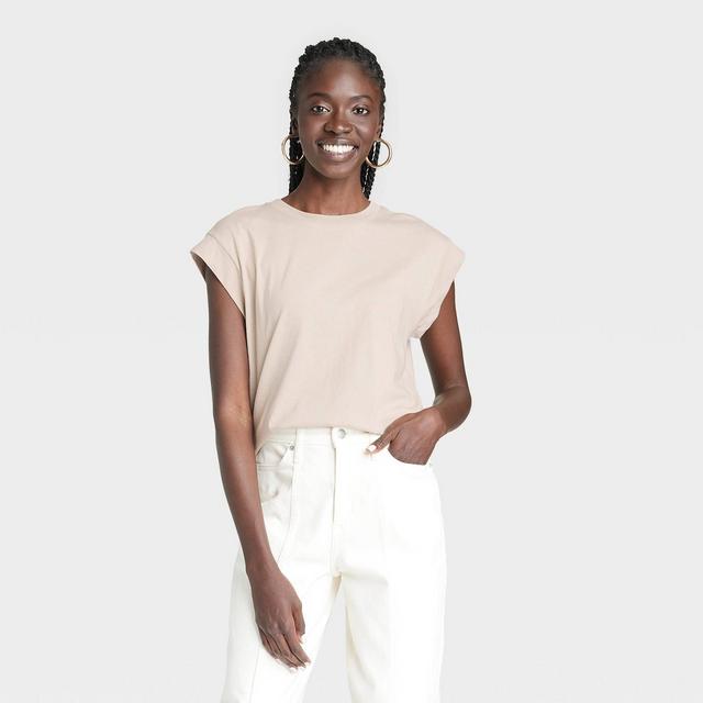 Women's Short Sleeve Extended Shoulder T-Shirt - A New Day™ Beige M