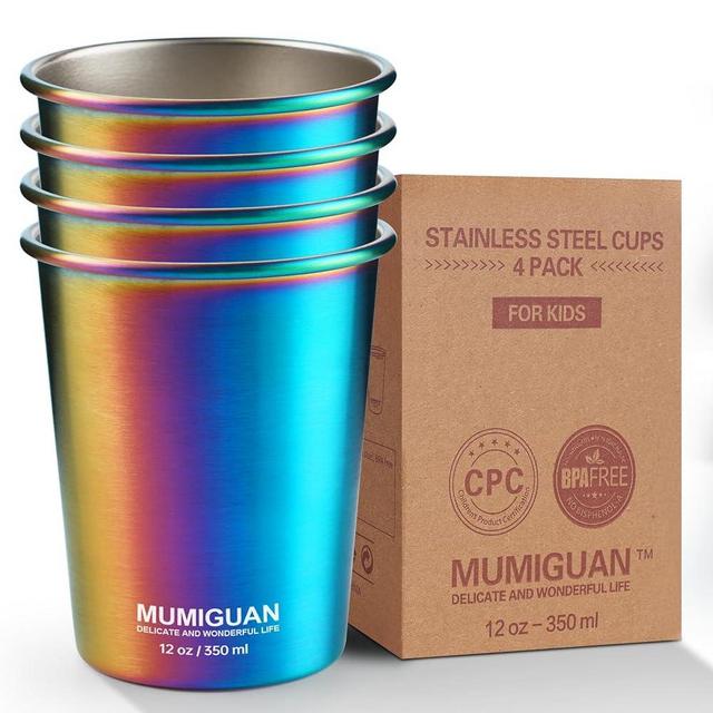 Stainless Steel Cups for Kids 12oz/350ml (4 Pack), Children's Rainbow Electroplating Cups, Camping Stainless Steel Cups, Stackable Metal Drinking Glasses, Toddler Stainless Steel Tumbler, BPA Free