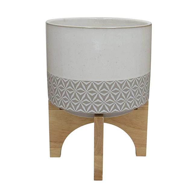 Amazon Brand – Rivet Mid-Century Stoneware Planter with Wood Stand, 13.98"H, Gray and Beige