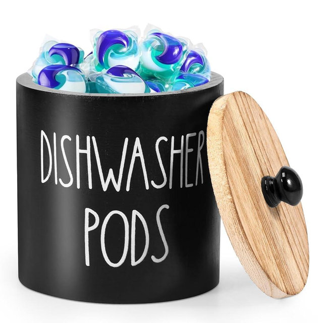 SOEWWEKLAX Round Dishwasher Pods Container, Wood Dishwasher Pod Holder with Lid for Kitchen Decor, Laundry Pod Container for Laundry Detergent Storage (Black)